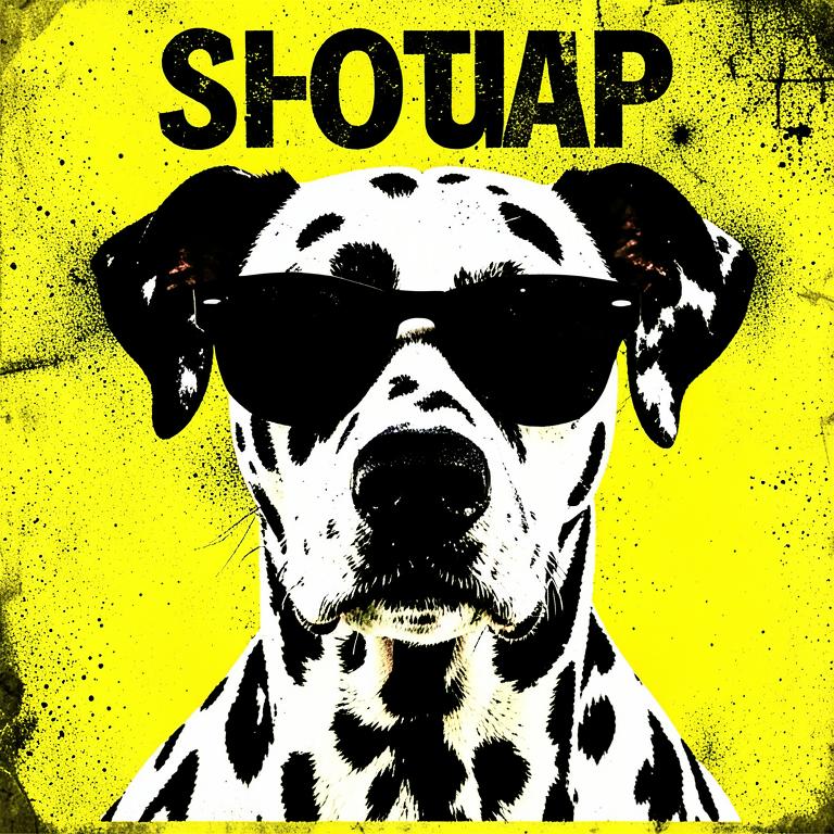 Stencil meme of the zDog dalmatian in sunglasses